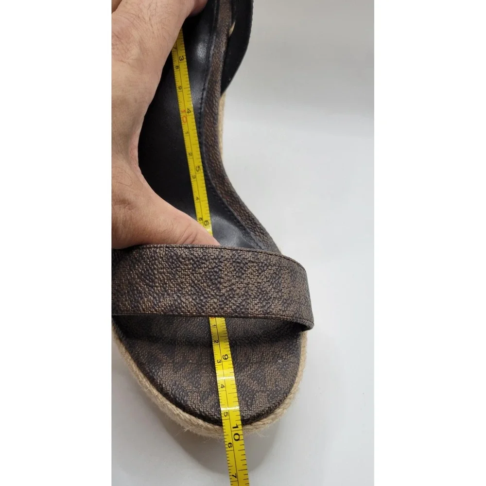 Brown Monogram Michael by Michael Kors Leather  Espadrille Wedge Sandals Size 8